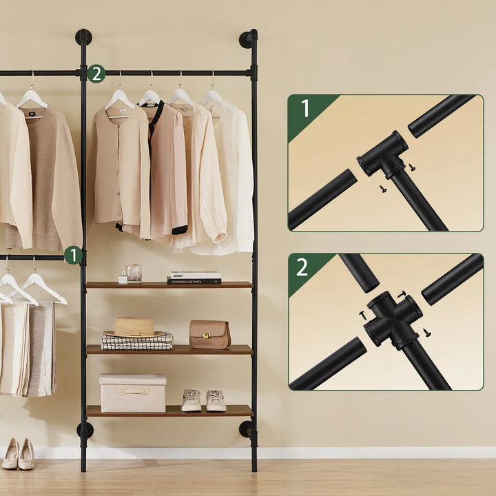 Pladsbesparende, åben garderobe i rå industriel stil (vægmonteret)