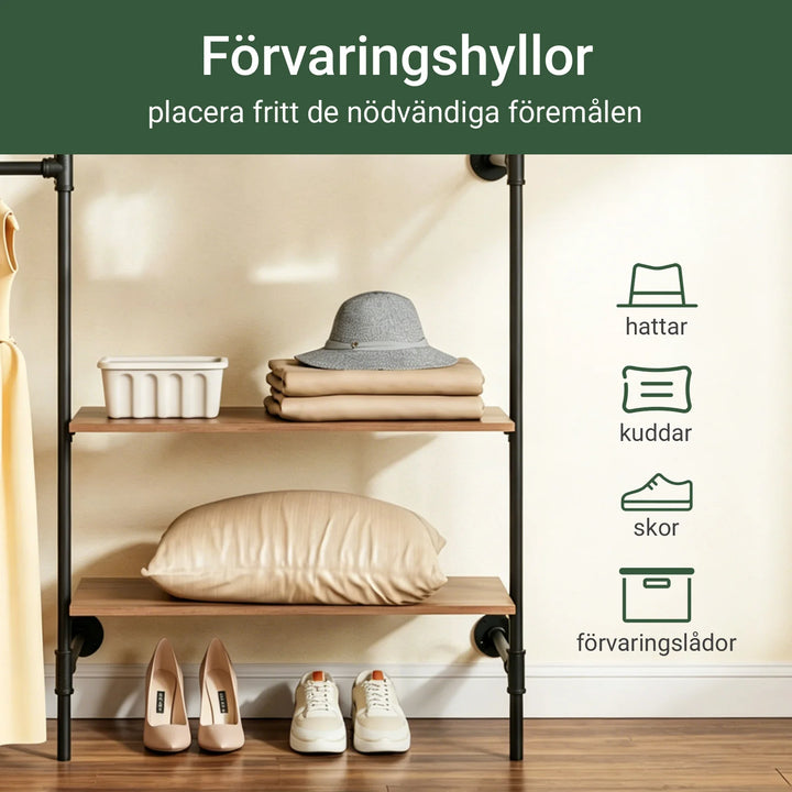Stor vægmonteret garderobeløsning – 265 cm med tøjstænger og hylder, industrielt look