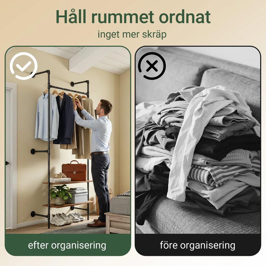 Vægmonteret tøjstativ med hylder – industrielt design i træ og metal