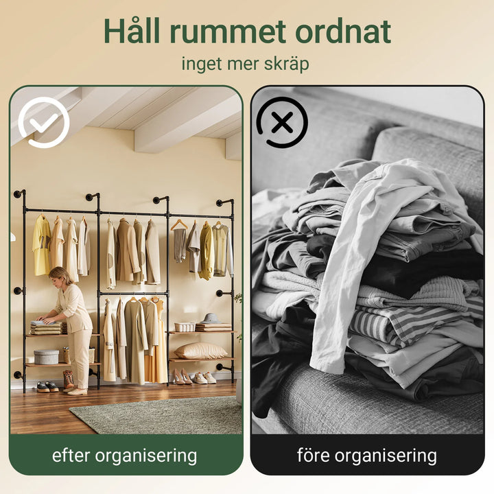 Stor vægmonteret garderobeløsning – 265 cm med tøjstænger og hylder, industrielt look