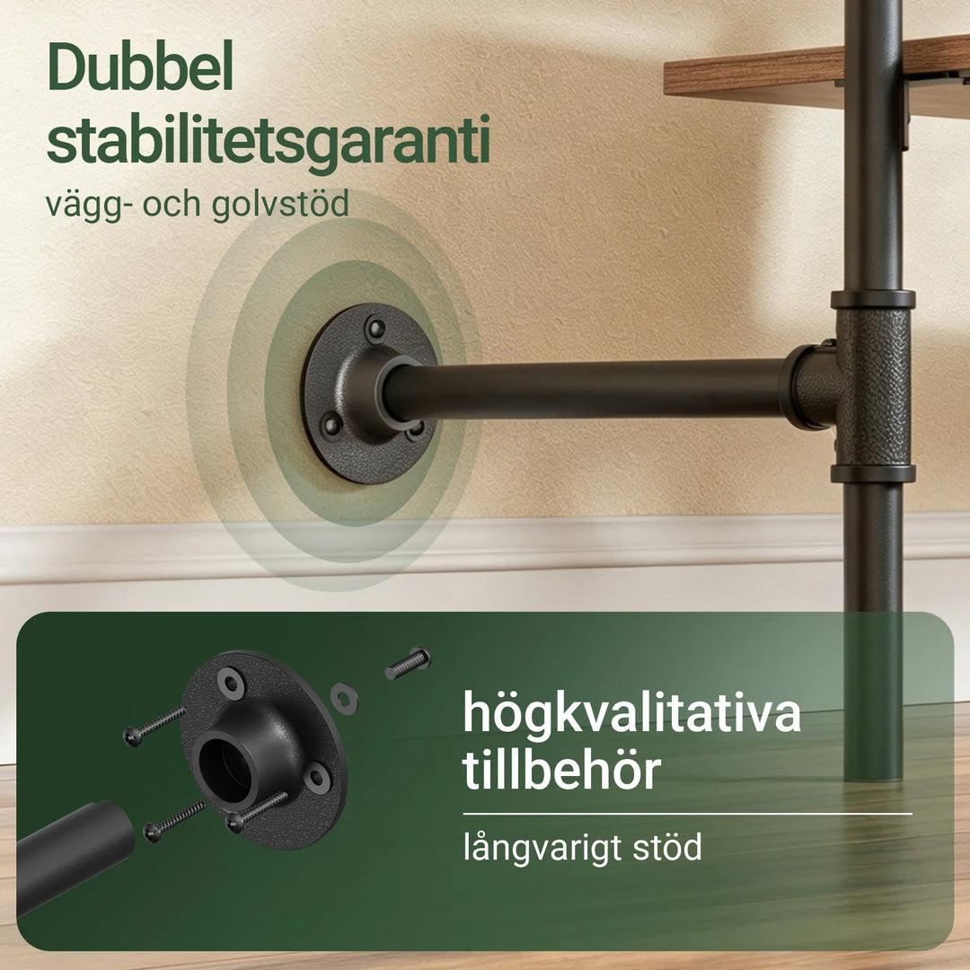 Vægmonteret tøjstativ med hylder – industrielt design i træ og metal