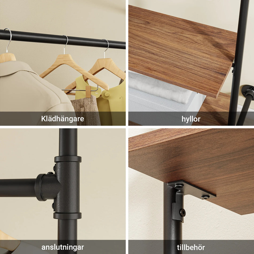 Vægmonteret tøjstativ med hylder – industrielt design i træ og metal
