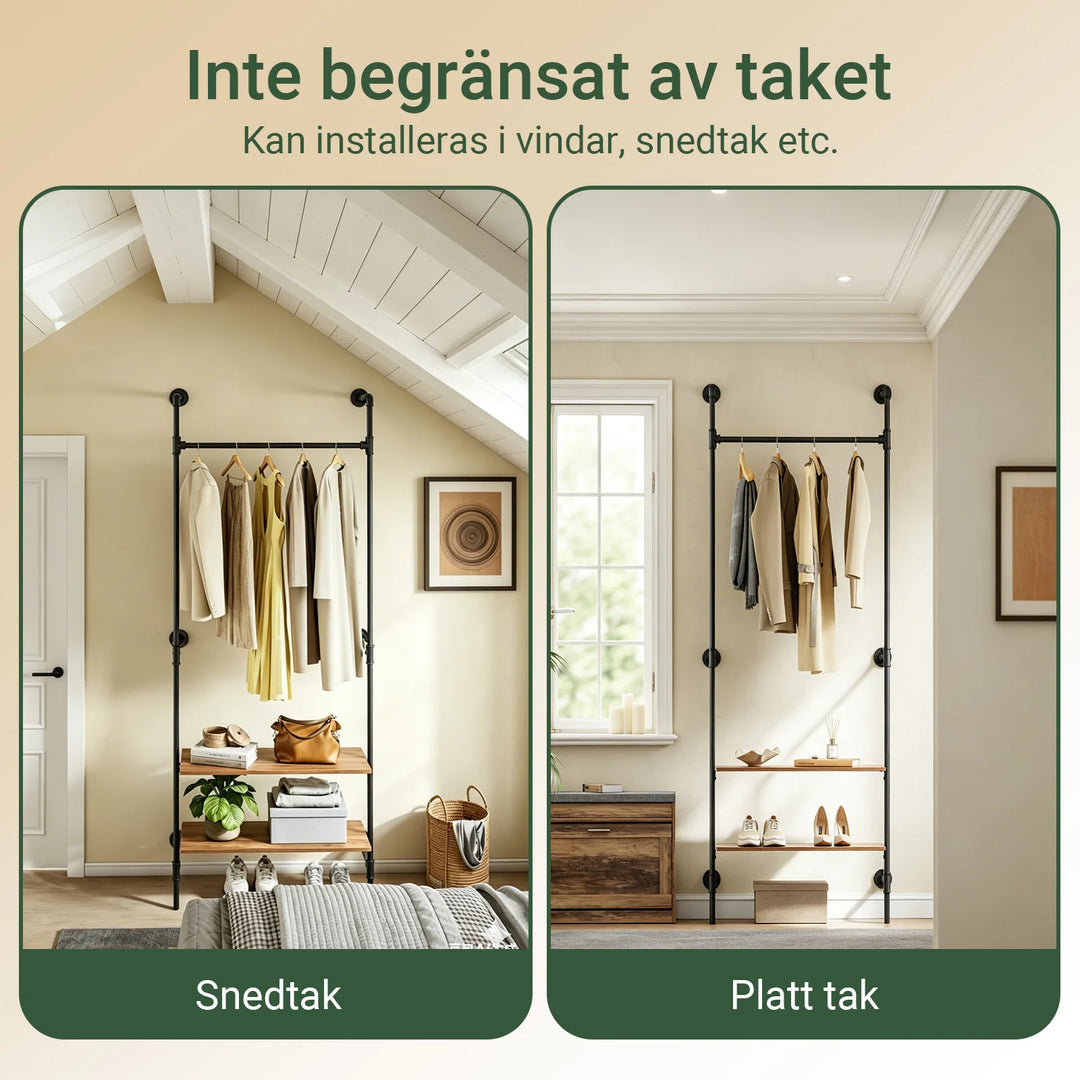 Vægmonteret tøjstativ med hylder – industrielt design i træ og metal