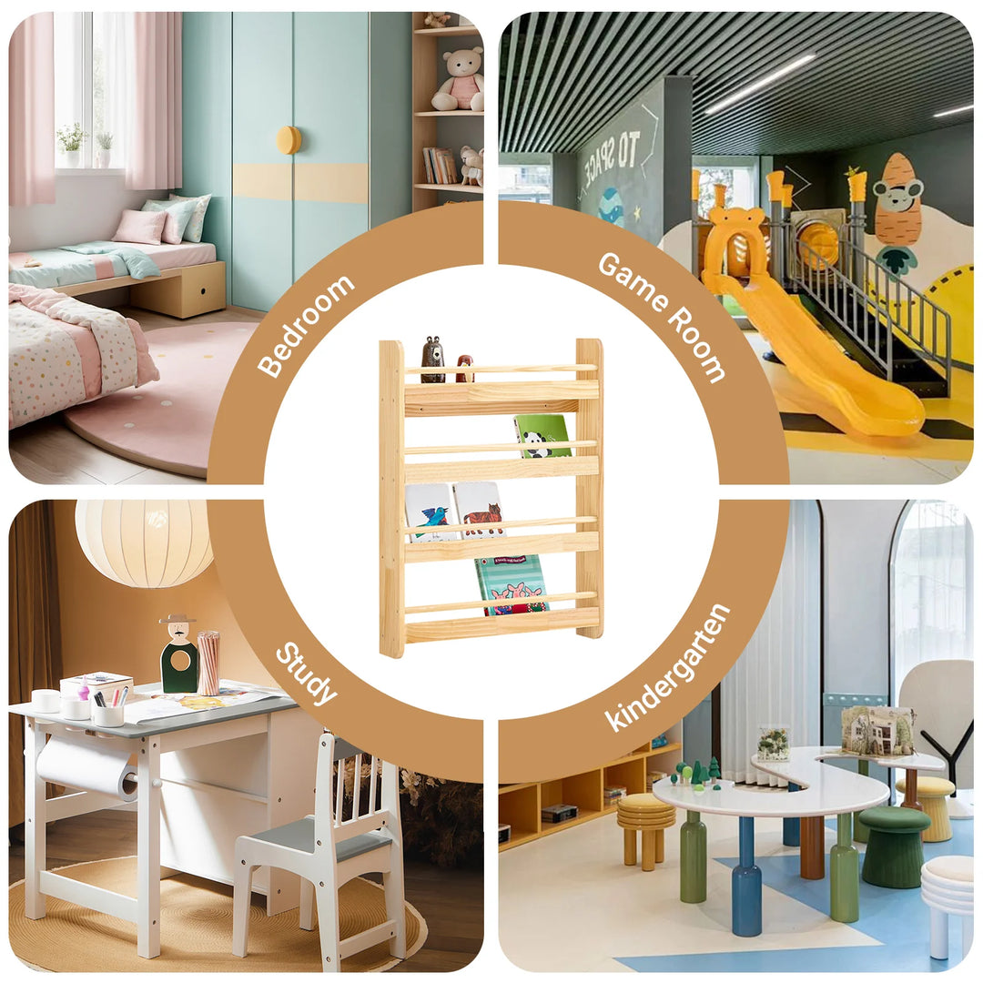 Børnebogreol i naturfarve – vægmonteret bog- og legetøjsreol med 4 niveauer (60 × 12 × 80 cm)