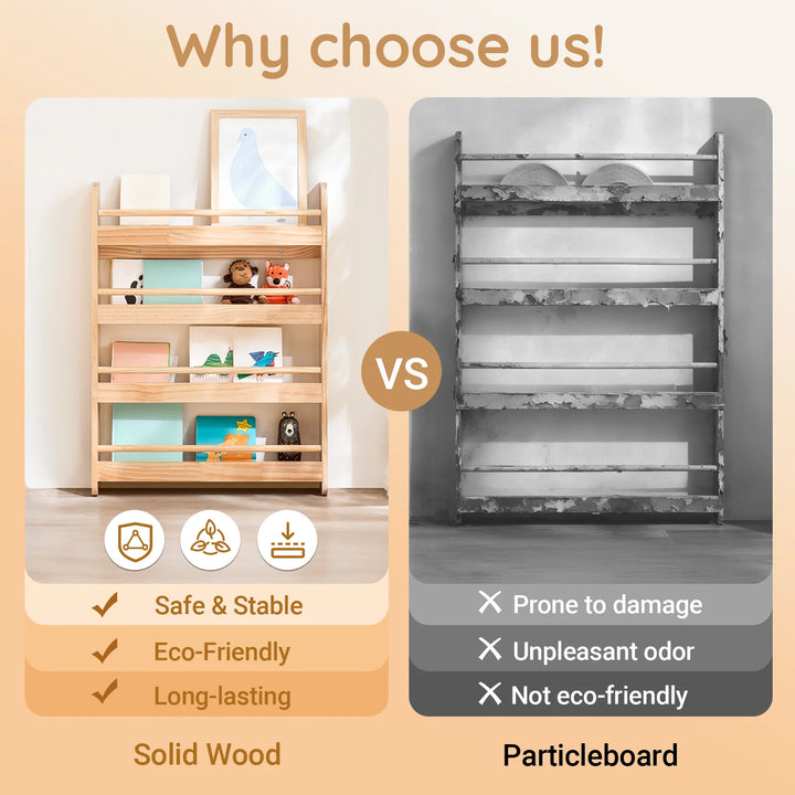 Børnebogreol i naturfarve – vægmonteret bog- og legetøjsreol med 4 niveauer (60 × 12 × 80 cm)