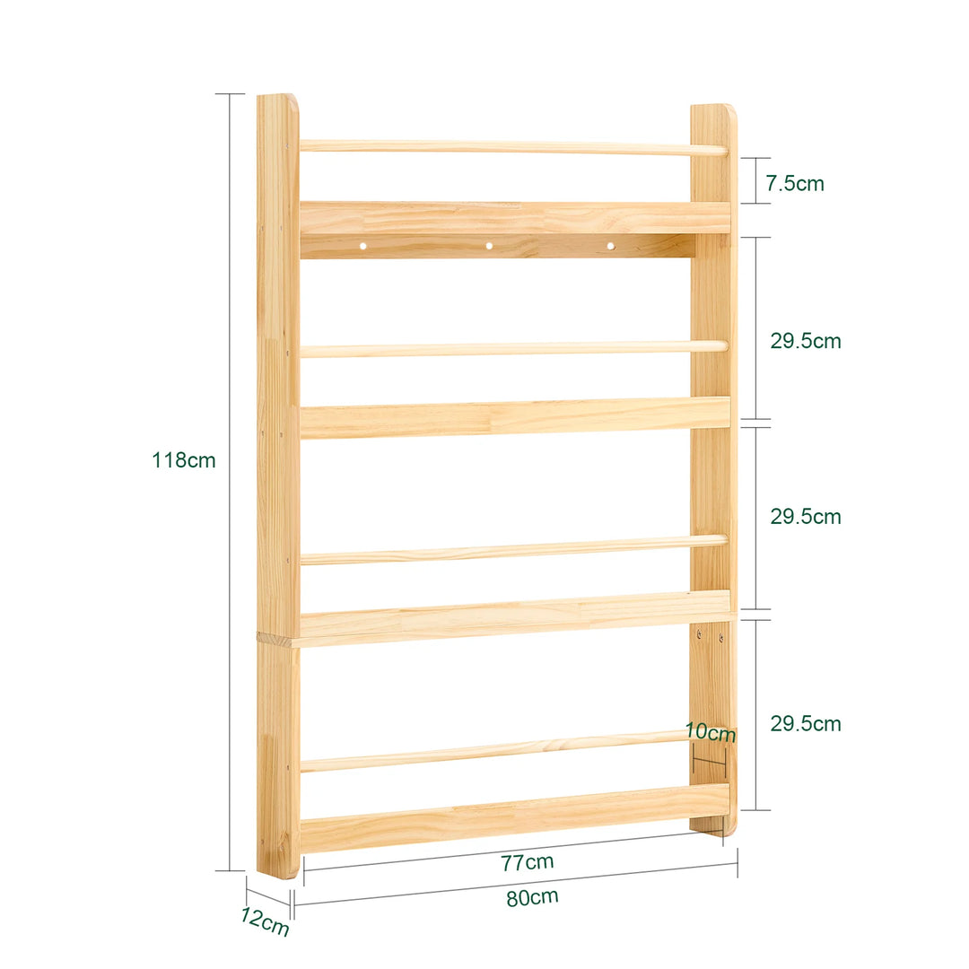 Børnebogreol i naturfarve – vægmonteret bogreol med 4 niveauer til bøger og legetøj (80 × 12 × 118 cm)