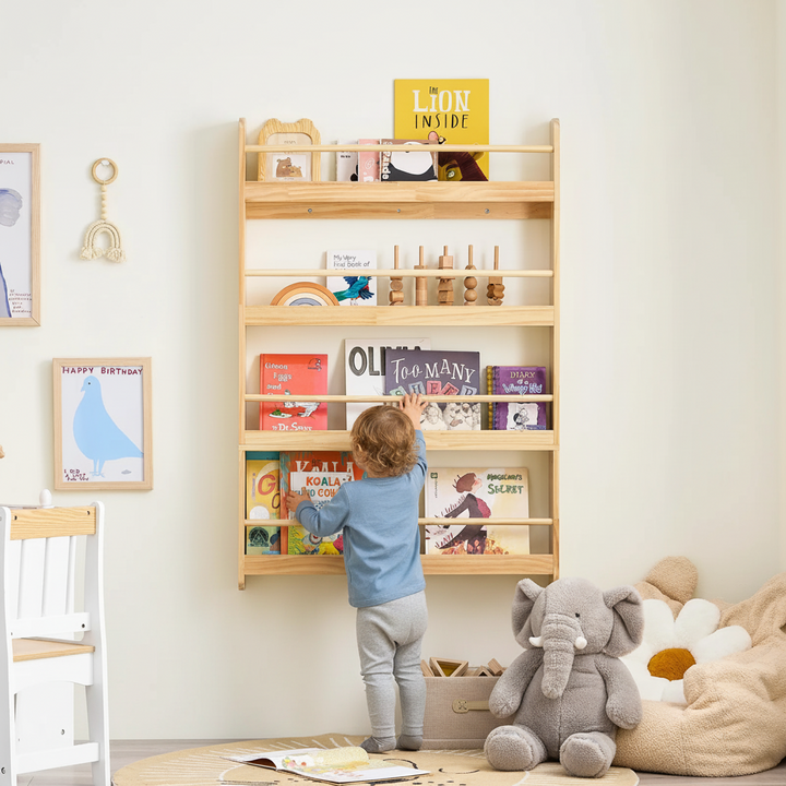 Børnebogreol i naturfarve – vægmonteret bogreol med 4 niveauer til bøger og legetøj, 80 × 12 × 118 cm