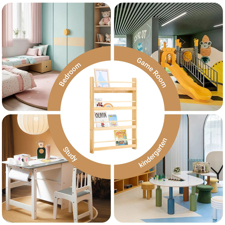 Børnebogreol i naturfarve – vægmonteret bogreol med 4 niveauer til bøger og legetøj (80 × 12 × 118 cm)