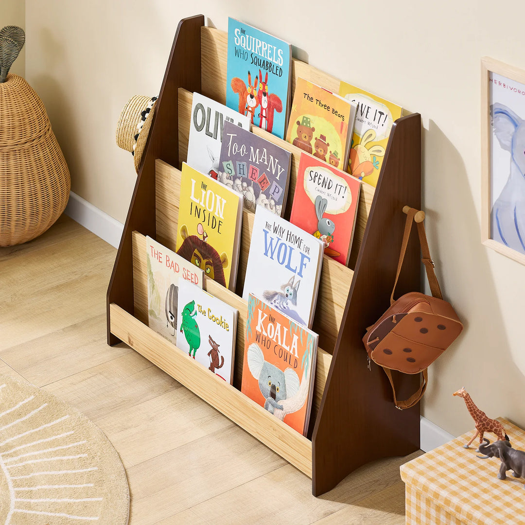 Montessori børnehylde med 4 opbevaringsrum og 2 kroge til legetøj – natur, 91 x 89 x 30 cm