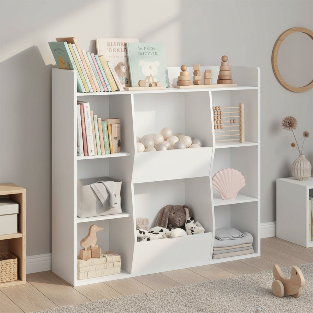 Reol til børneværelset, 8 rum, 106x30x104 cm, hvid