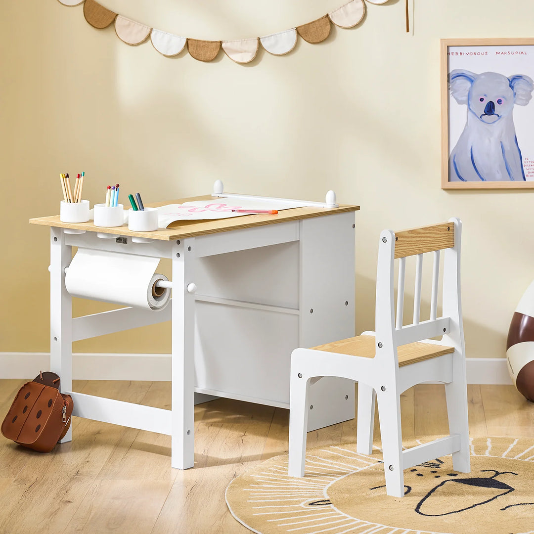 Børnebord og stol sæt med opbevaringshylder og papirrulleholder – hvid og naturel, 80x50x66 cm