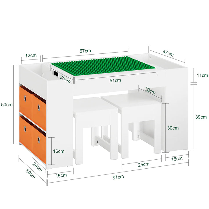 Børnebord med 2 x taburetter, skandinavisk design, hvid