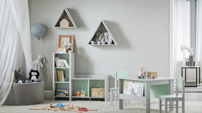 Børnereol til legetøj, bøger og mere, 30x82x90 cm, lysegrå og grøn