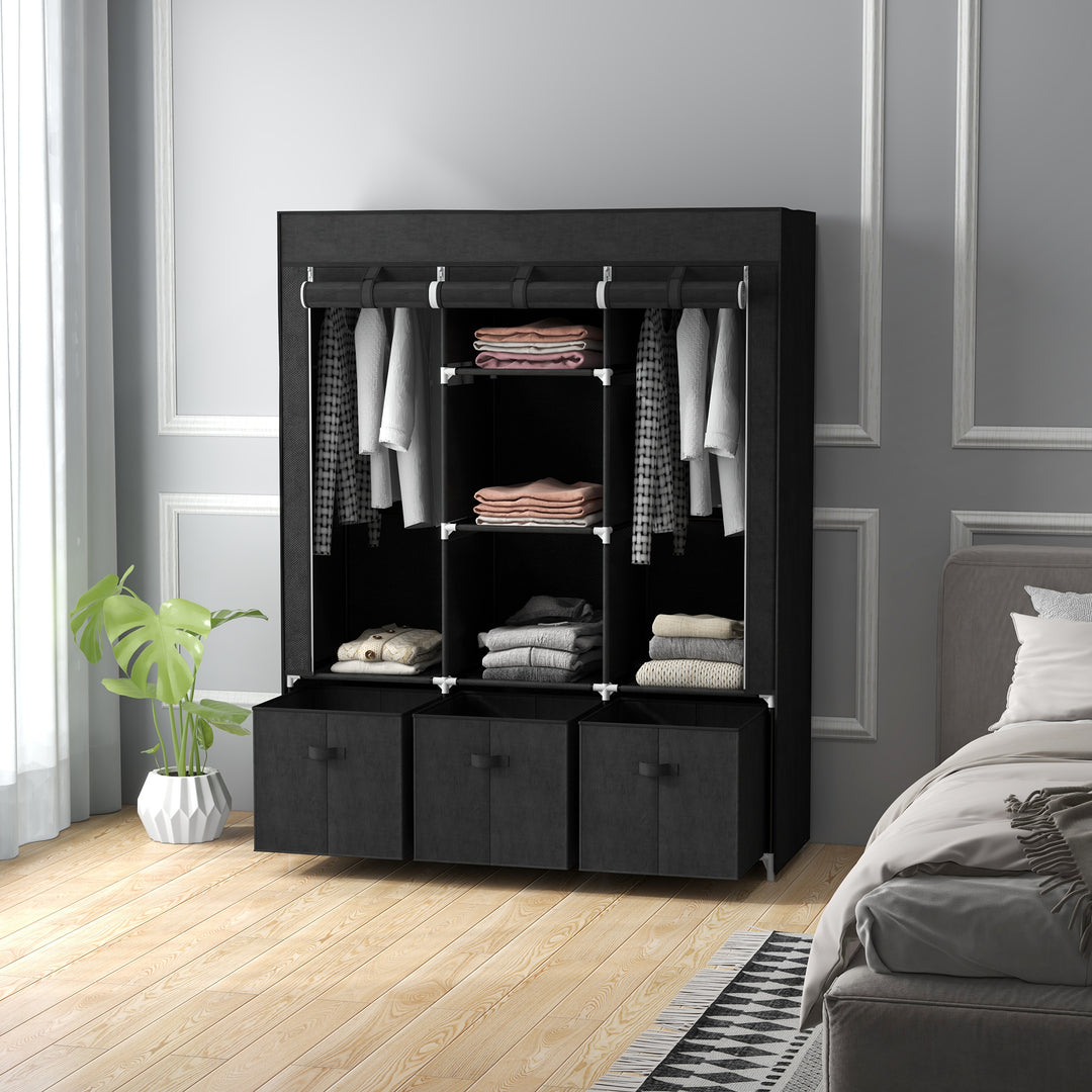 Stofgarderobe lavet af non-woven materiale, sammenklappelig garderobe, inklusive 3 skuffer, 125 cm x 43 cm x 162,5 cm, sort