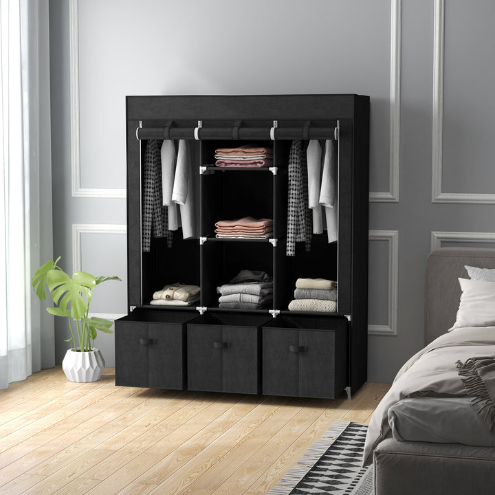 Stofgarderobe lavet af non-woven materiale, sammenklappelig garderobe, inklusive 3 skuffer, 125 cm x 43 cm x 162,5 cm, sort