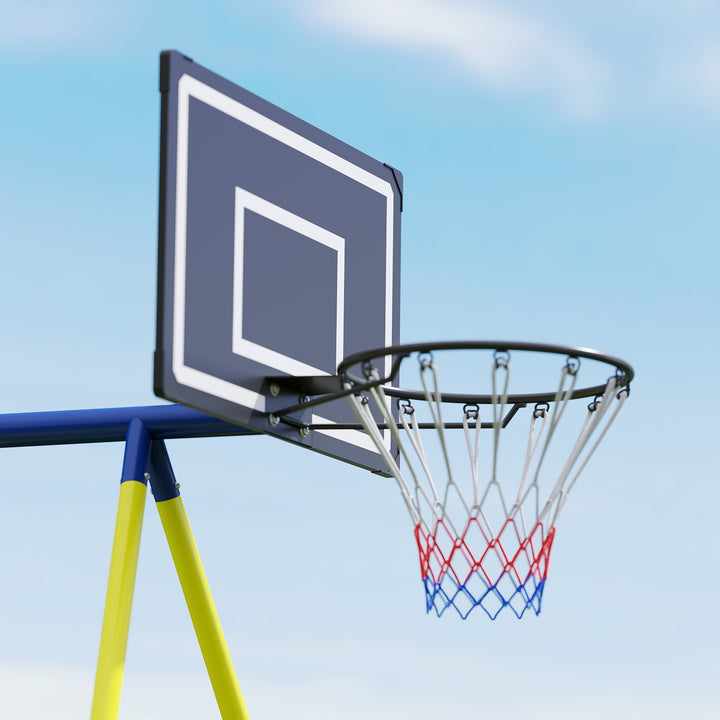 4-i-1 gyngesæt op til 150 kg med redegynge, basketballkurv, fodboldmål, U-gynge, 288 x 160 x 220 cm