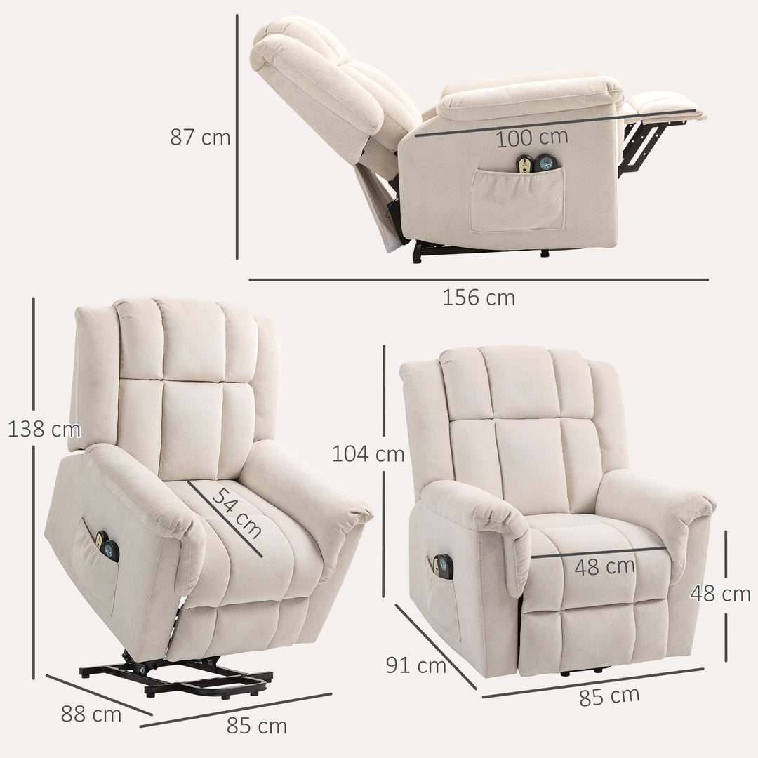 Powerlift-stol, massagestol med varmefunktion, polstret stol med fodstøtte, sidelomme, stofbetræk, beige