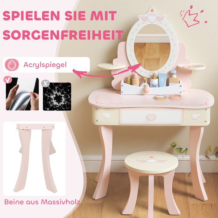 Børnesminkebord, stol, skuffe, aftageligt spejl, børneskrivebord med 7 tilbehør, 2-i-1 design, MDF, pink