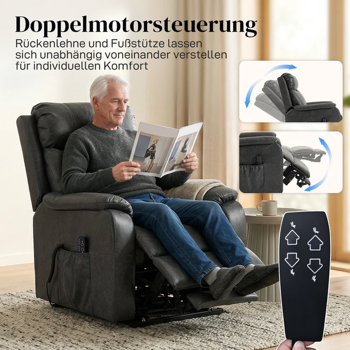 Hæve- og lænestol til seniorer, elektrisk løftestol i kunstlæder med dobbelt motor, fjerhynder, sort