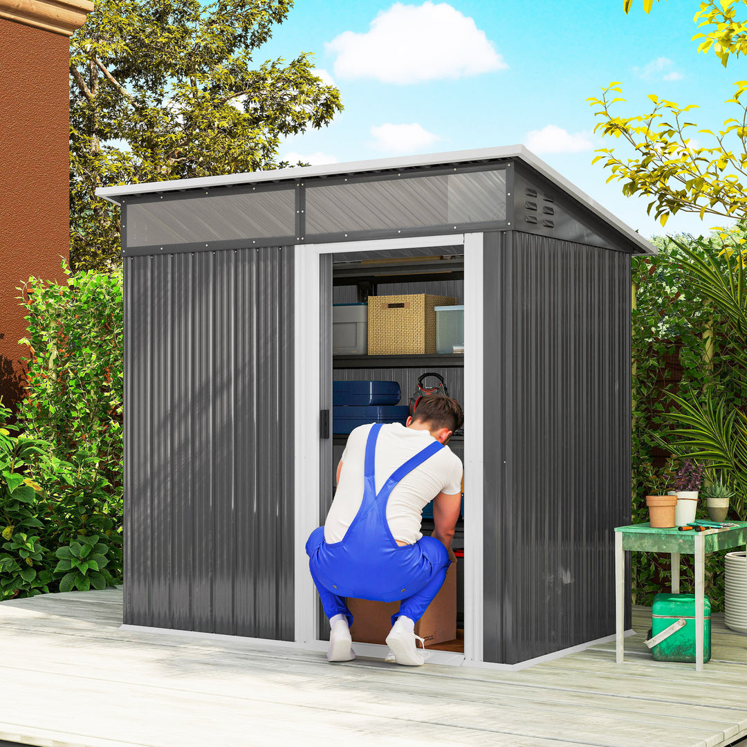 Haveskur, redskabsskur med vinduer, ventilationshuller, skydedør, vandtæt stål, vejrbestandig, mørkegrå