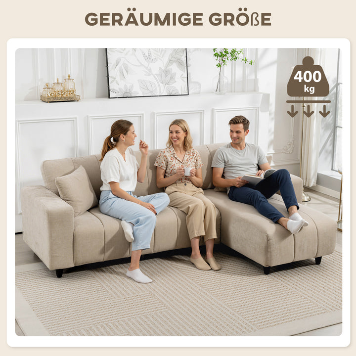 L-formet hjørnesofa med fleksibel chaiselong, 3-personers sofa med 2 hynder, metalstel, til stue, beige