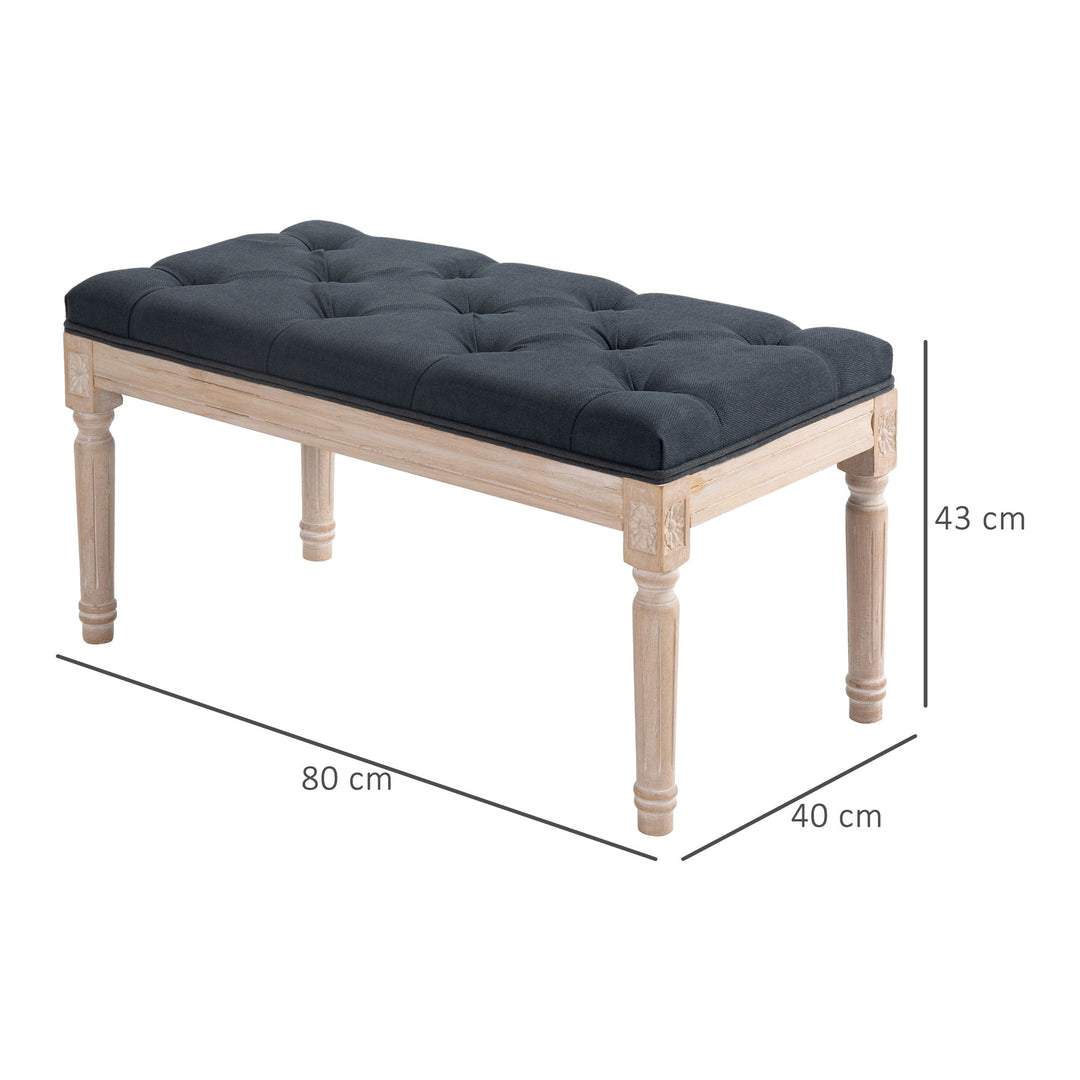 Vintage design bænk med knapsøm og drejede ben, shabby chic, mørkegrå