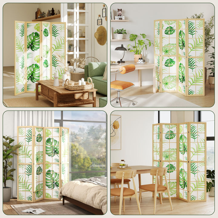 4-delt rumdeler, foldbar, boho design, tropisk motiv, fritstående rumdeler, træramme, grøn