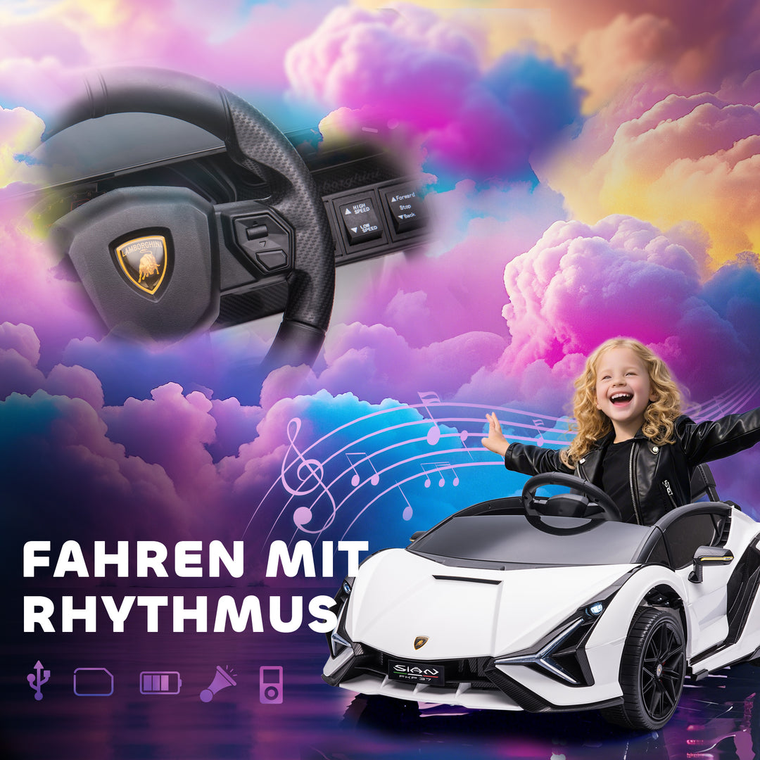 Børne elbil, 12V, med 2.4G fjernbetjening, 2 motorer, børnebil med horn, LED-lys, musik, elbil til børn i alderen 3-5 år, hvid
