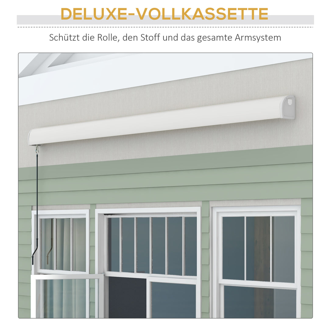 Markise, elektrisk/manuelt udtrækkelig, fuld kassette, fjernbetjening, aluminiumsramme, 4 x 3 m, lysegrå