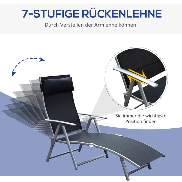 Foldbar solseng med hynde, liggestol med 7-vejs justerbar ryglæn, haveliggestol, afslapningsliggestol, havestol, lasteevne op til 165 kg, til haveferie, udendørs, sort