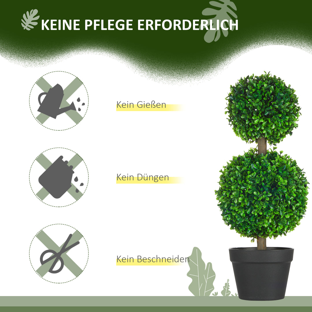 Sæt med 2 kunstige buksbomtræer, 2 buksbomtræer, udendørs, 17 cm x 17 cm x 60 cm, grøn + brun + sort