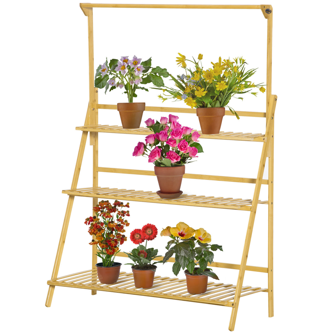 Træ blomstertrappe plantestativ stigehylde justerbar hængende højde blomsterstativ hængende bambus naturlig indendørs udendørs 100 x 40 x 143 cm