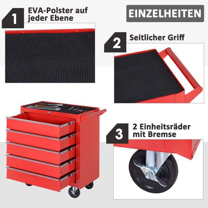 Rullende skab, værktøjsskab til garage, skur, stål, 69l x 33b x 75h cm, rød