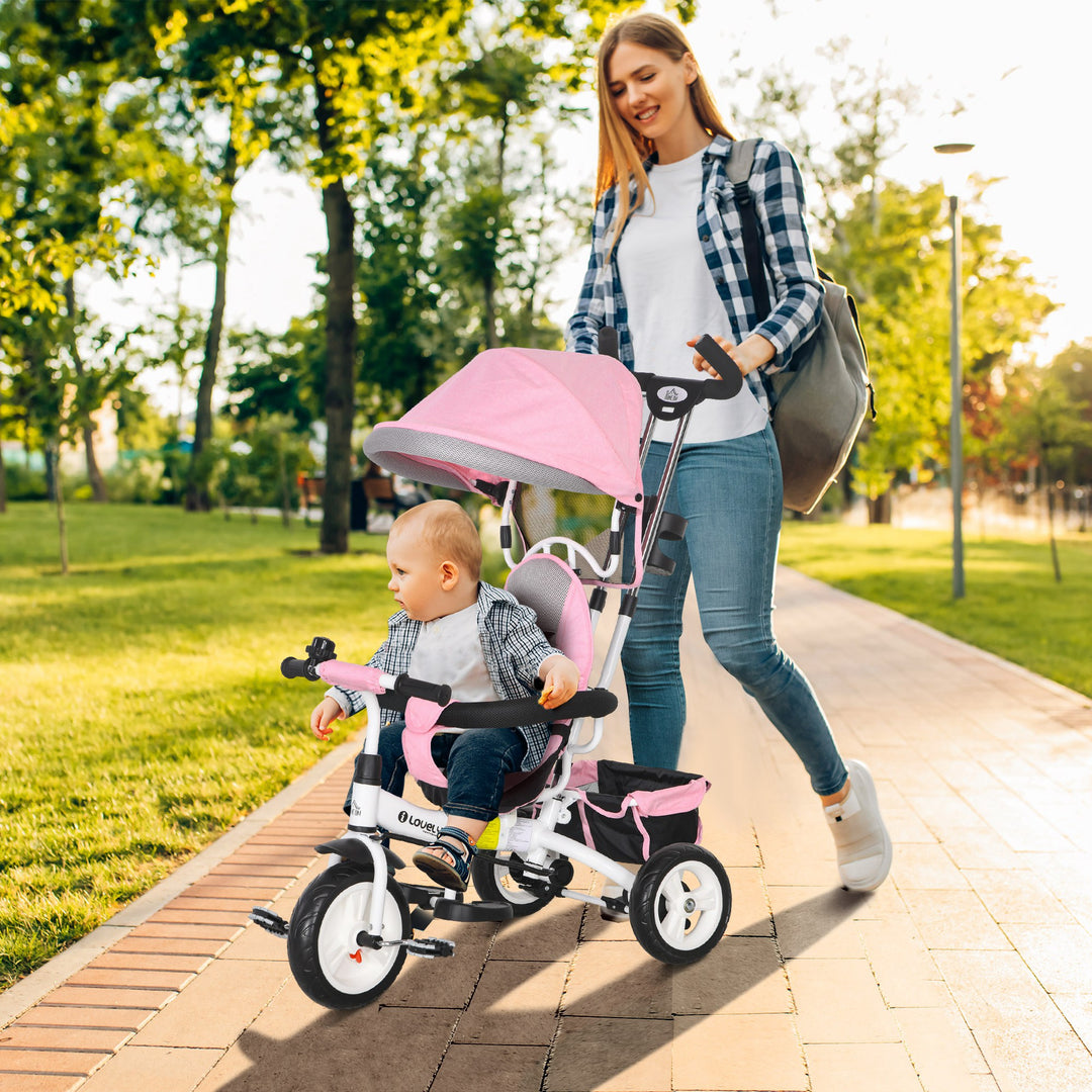 6-I-1 børnetrecykel med skubbehåndtag, kaleche, sele, opbevaringskurv, til 1-5 år, lyserød