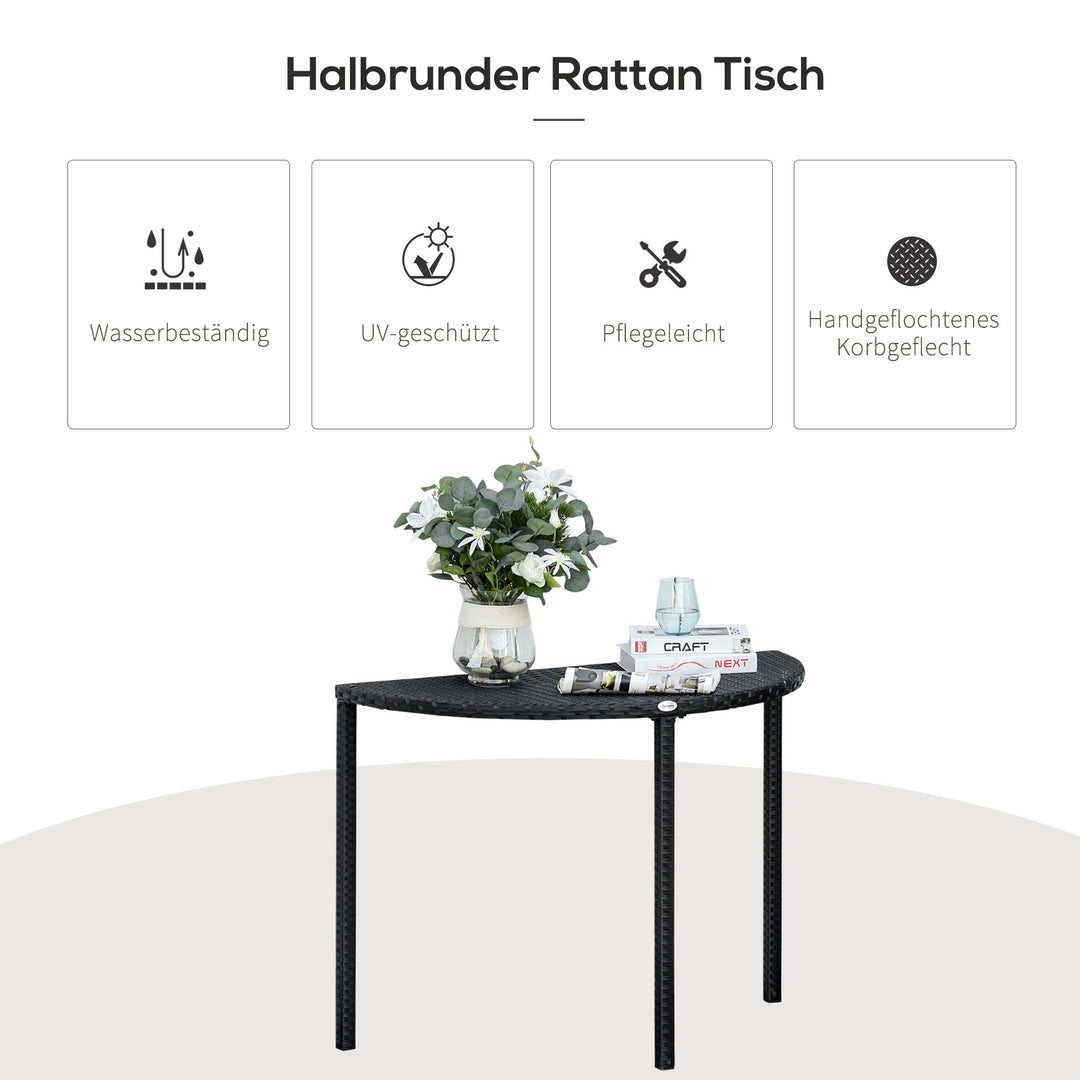 Balkonbord, havesidebord, havemøbler, halvrundt, polyrattan, metal, sort, 100 x 50 x 74 cm