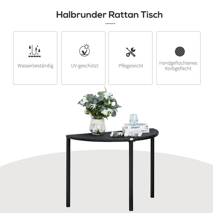 Balkonbord, havesidebord, havemøbler, halvrundt, polyrattan, metal, sort, 100 x 50 x 74 cm