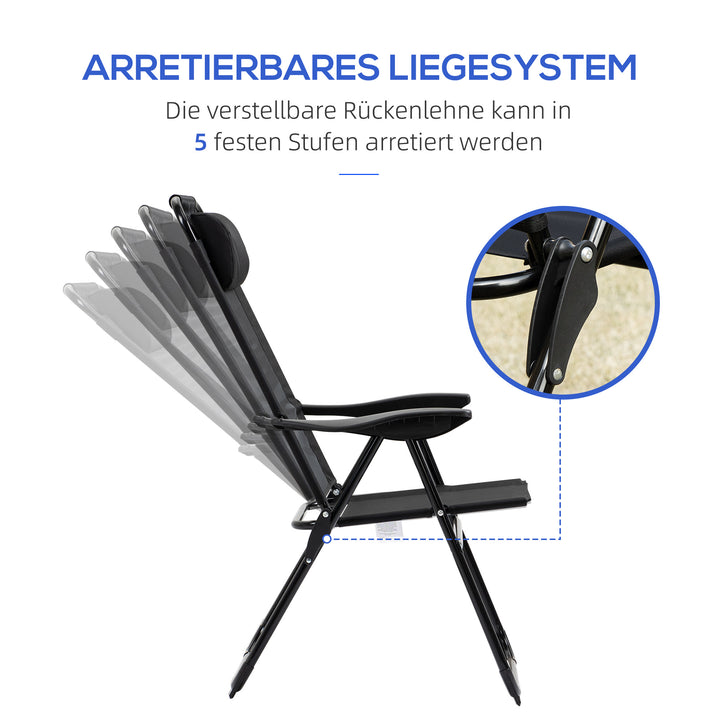 Klapstolsæt med 2, foldbar liggestol, vejrbestandig, justerbar ryglæn med 5 positioner, metalstel, sort