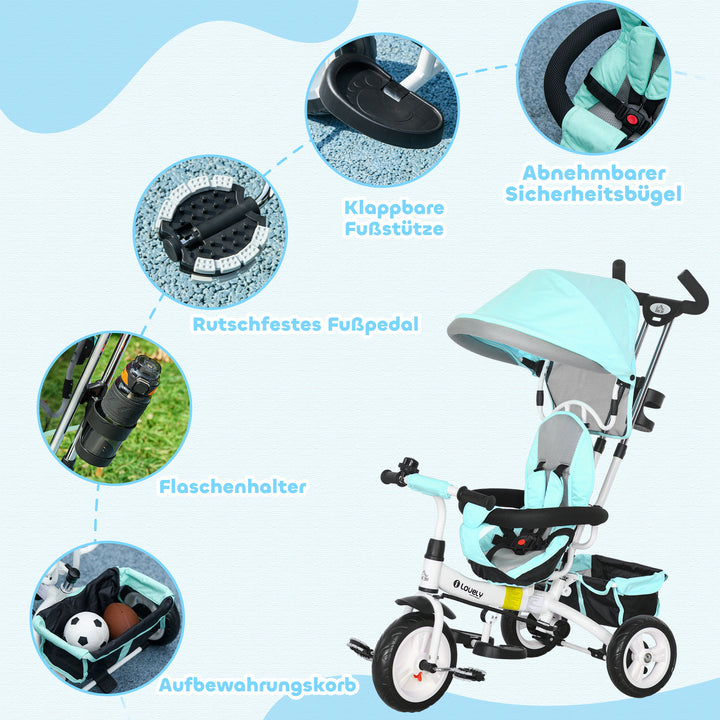 6-I-1 børnetrecykel med skubbehåndtag, kaleche, bælte, opbevaringskurv, til 1-5 år, grøn