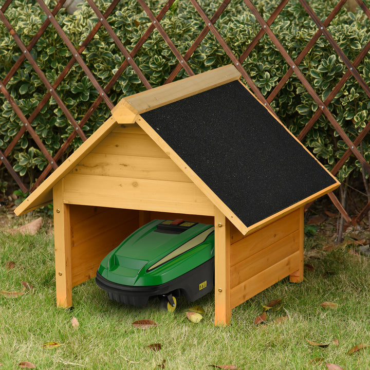 Trægarage til robotplæneklippere, carport til plæneroboter, sol- og regnbeskyttelse, gul, 75 x 76 x 70 cm