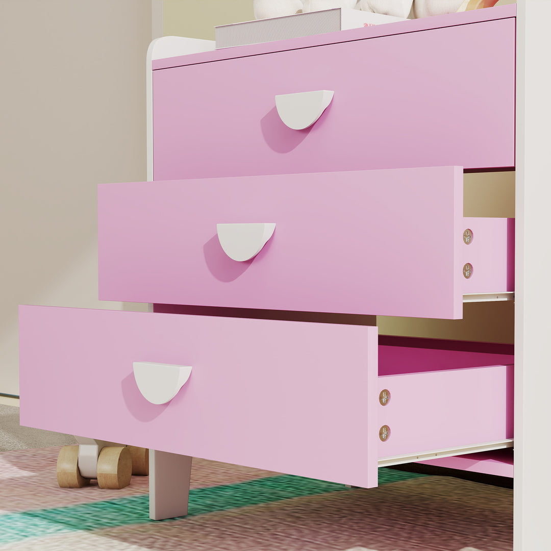 Børnekommode med 3 skuffer, mdf, opbevaringsskab til børn, pink+hvid