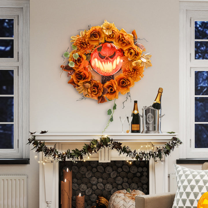 Halloween-krans, uhyggeligt græskardesign, efterårsblade, lyseffekter, plastik