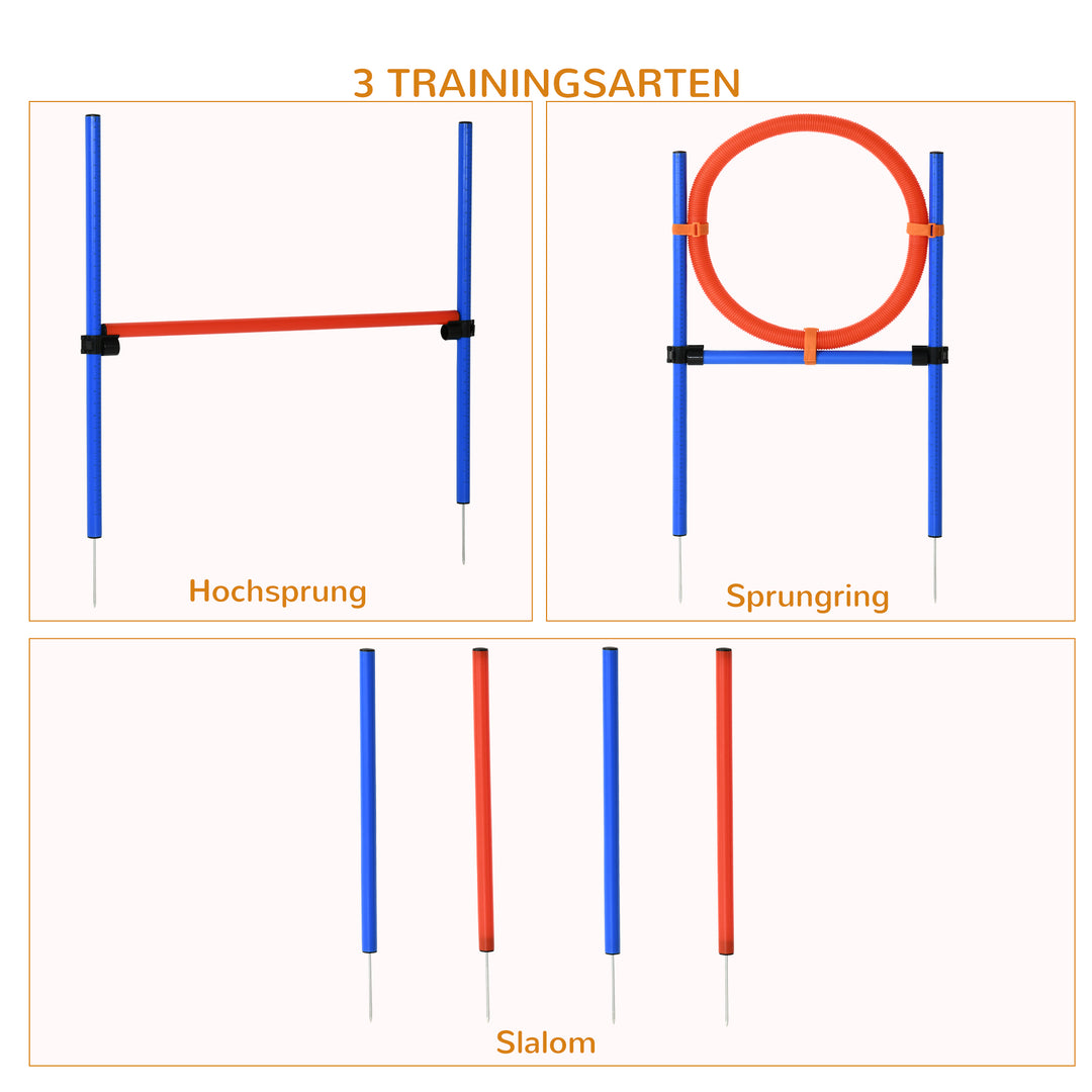 Agilitytræningsudstyr til hunde, agility-træningssæt, agility-sæt til hunde, slalom-hurdle-hopring til hunde, 3-i-1 hundesportstræningsområde, blå+rød
