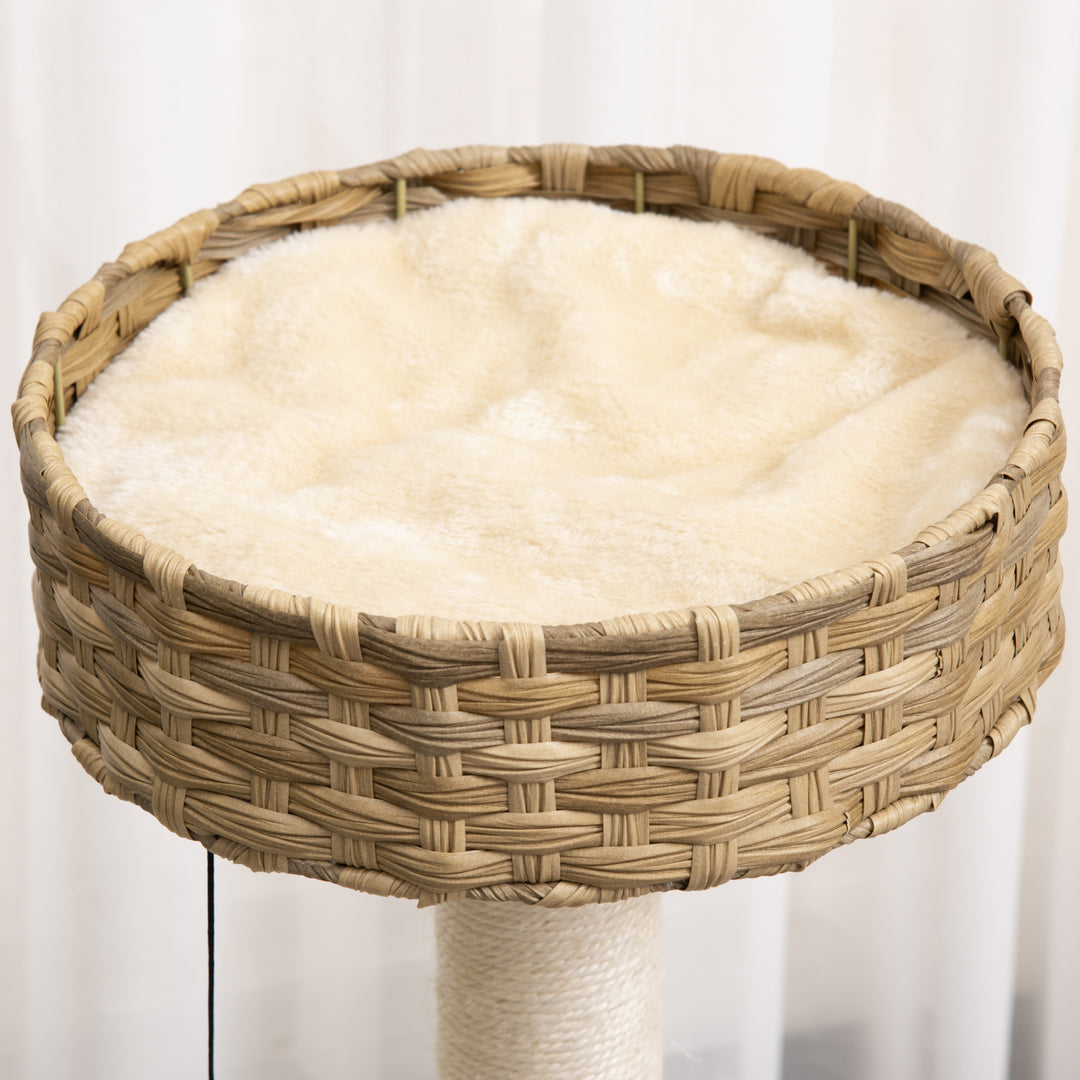 Kradsetræ rattan 95 cm højde 3-lags kradsetræ med platform, katteseng, klatretræ med kattehule sisalstolper legebolde kattemøbler sisal naturlig+beige