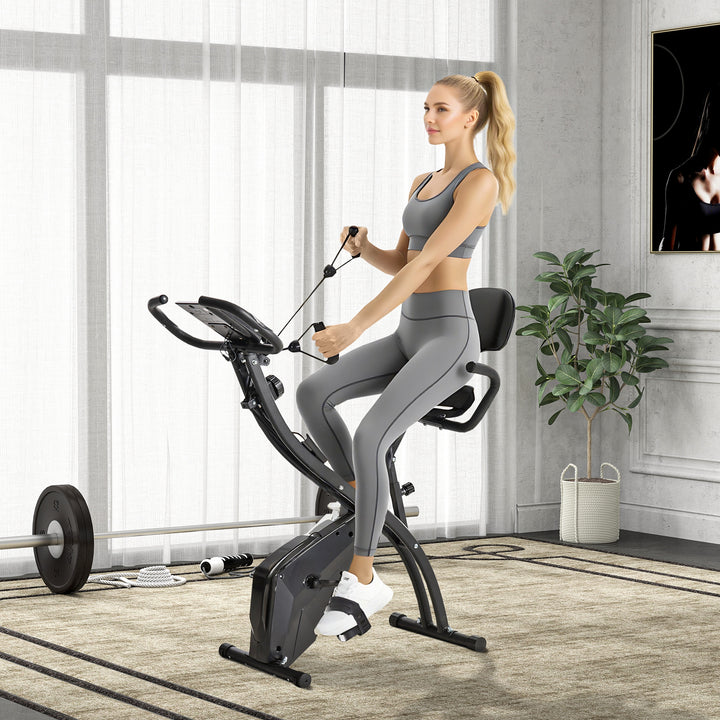 X-bike 2-i-1 motionscykel med lcd-skærm, pulsmåler, foldbar motionscykel med 8 niveauer af magnetisk modstand, 1 par spændereb, stål, sort, 105 x 48 x 118 cm