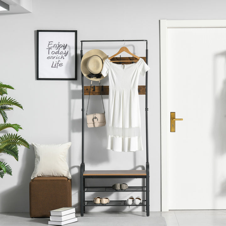 Knagerække skohylde tøjstativ med 8 knager 2 hylder mdf sort 72 x 34 x 185 cm
