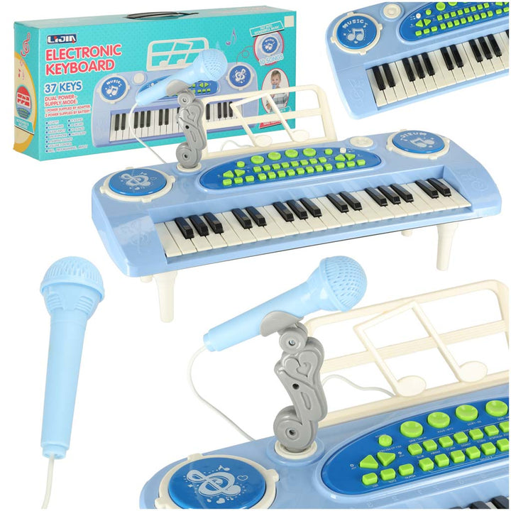 Keyboard til børneklaver interaktivt orgel 37 tangenter mikrofon stativ blå