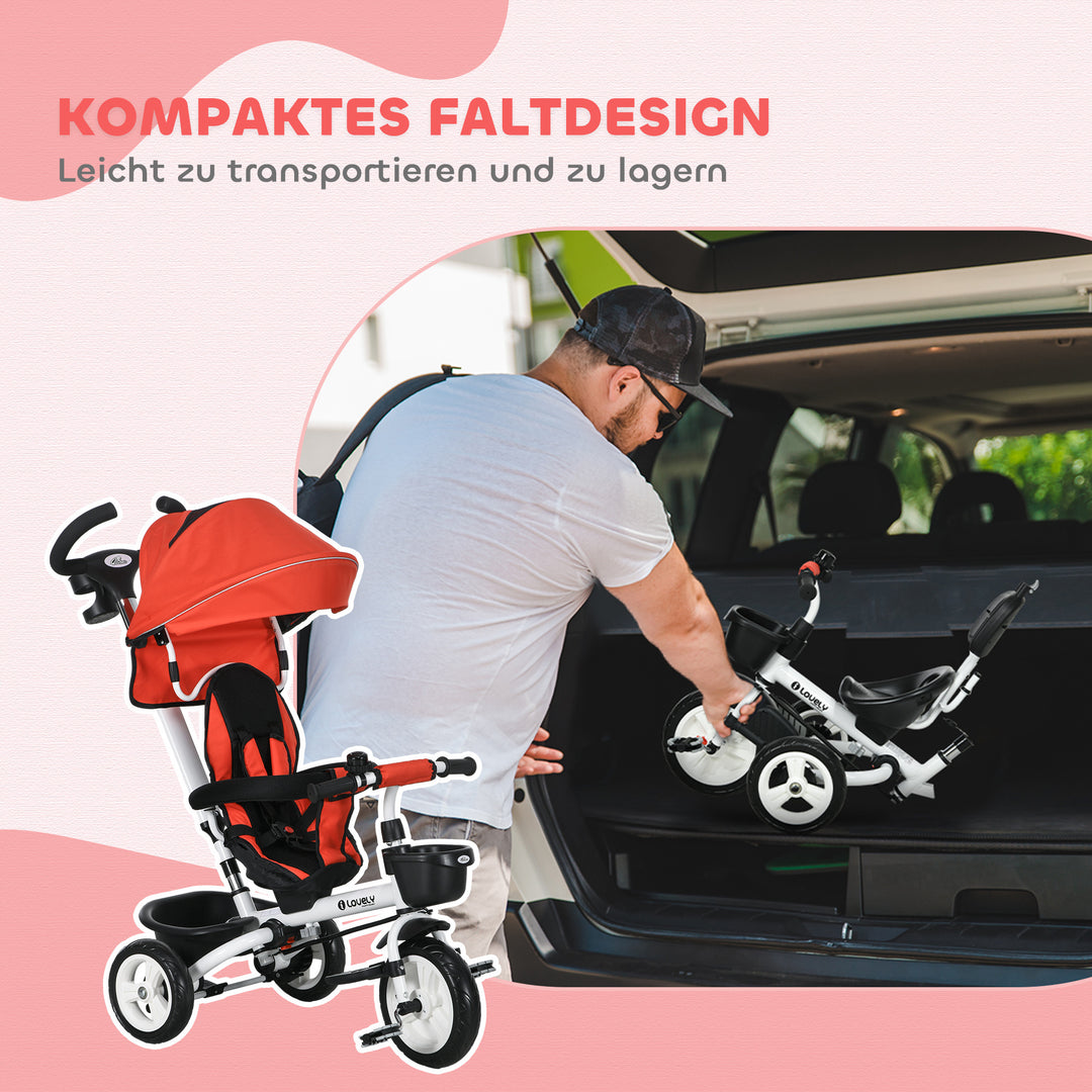 6-I-1 børnetrecykel med skubbehåndtag, kaleche, sele, opbevaringskurv, 18+ måneder, rød