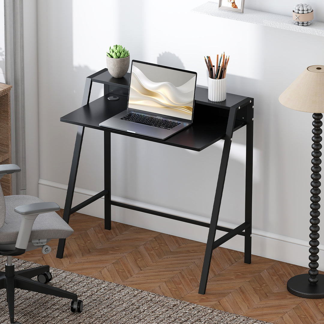 Skrivebord, computerbord med opbevaring og kabelhåndtering, moderne skrivebord med metalramme til studie, soveværelse, hjemmekontor, 84 x 45 x 85 cm, sort