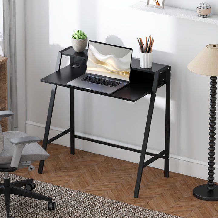 Skrivebord, computerbord med opbevaring og kabelhåndtering, moderne skrivebord med metalramme til studie, soveværelse, hjemmekontor, 84 x 45 x 85 cm, sort