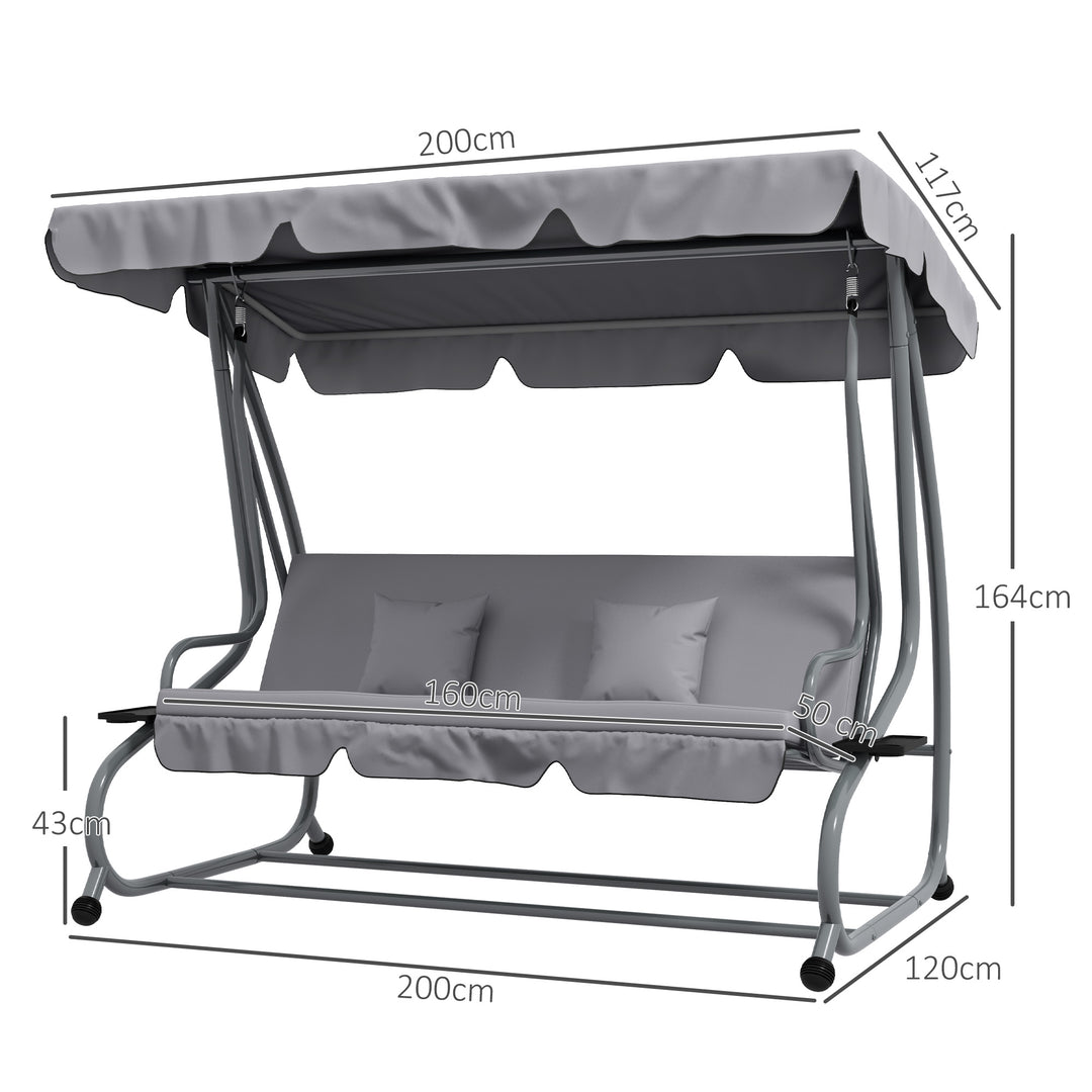 2-I-1 verandagynge med lænefunktion, justerbart tag, op til 340 kg, stål, 200 x 120 x 164 cm, grå